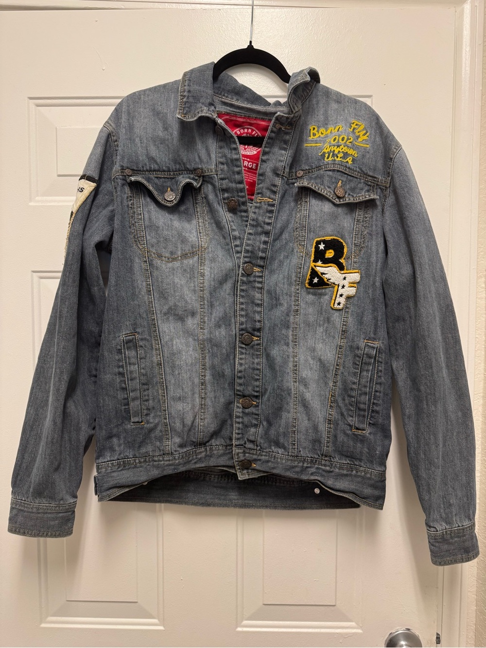Men's Light Blue Denim Jacket with Embroidered Patches